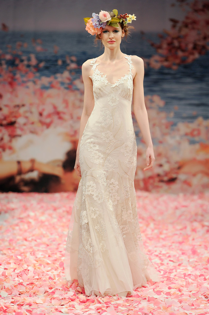 Claire Pettibone 2013 Fall Collection – Devotion. Ivory floral embroidered mermaid silhouette with ivory linen and guipure vine straps. www.theweddingnotebook.com