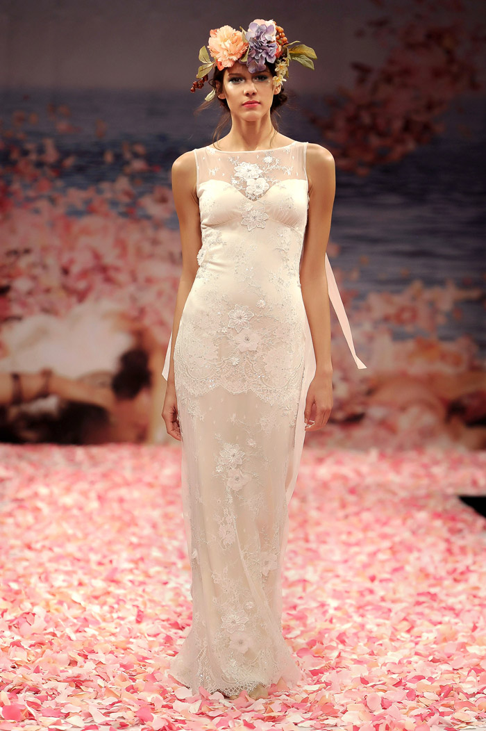 Claire Pettibone 2013 Fall Collection – Aphrodite. Ivory beaded lace gown with blush silk lining and ribbons streaming from the shoulders. www.theweddingnotebook.com